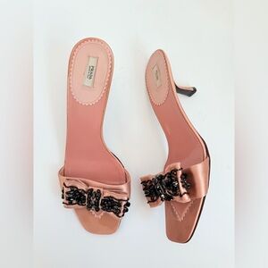 Prada Baby pink Satin embellished bowtie Retro kitten heel slide sandals EU 38.5